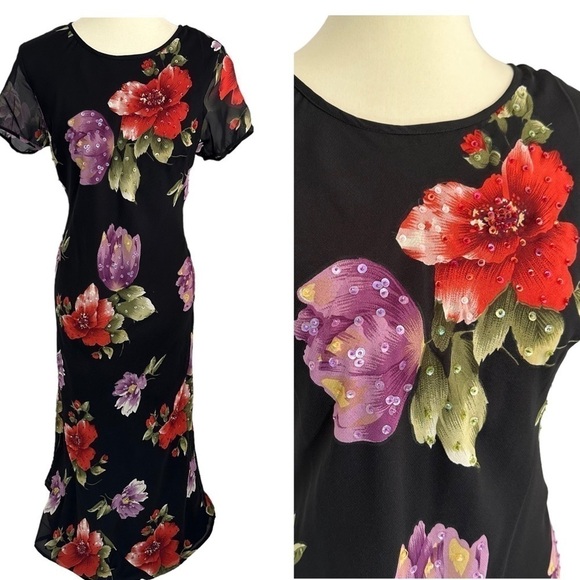 Vintage Floral Maxi Dress Whimsigoth Flowy Evening Gown Cocktail Bloomcore Party - Picture 5 of 16